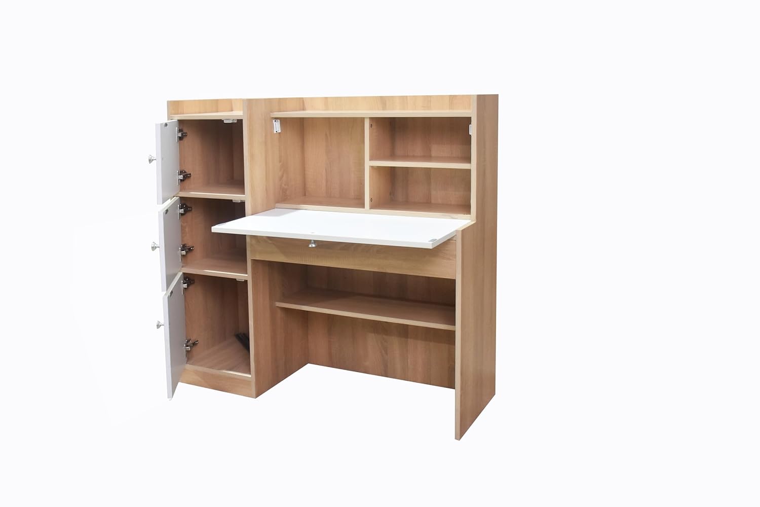 Natural finish study table with storage shelves